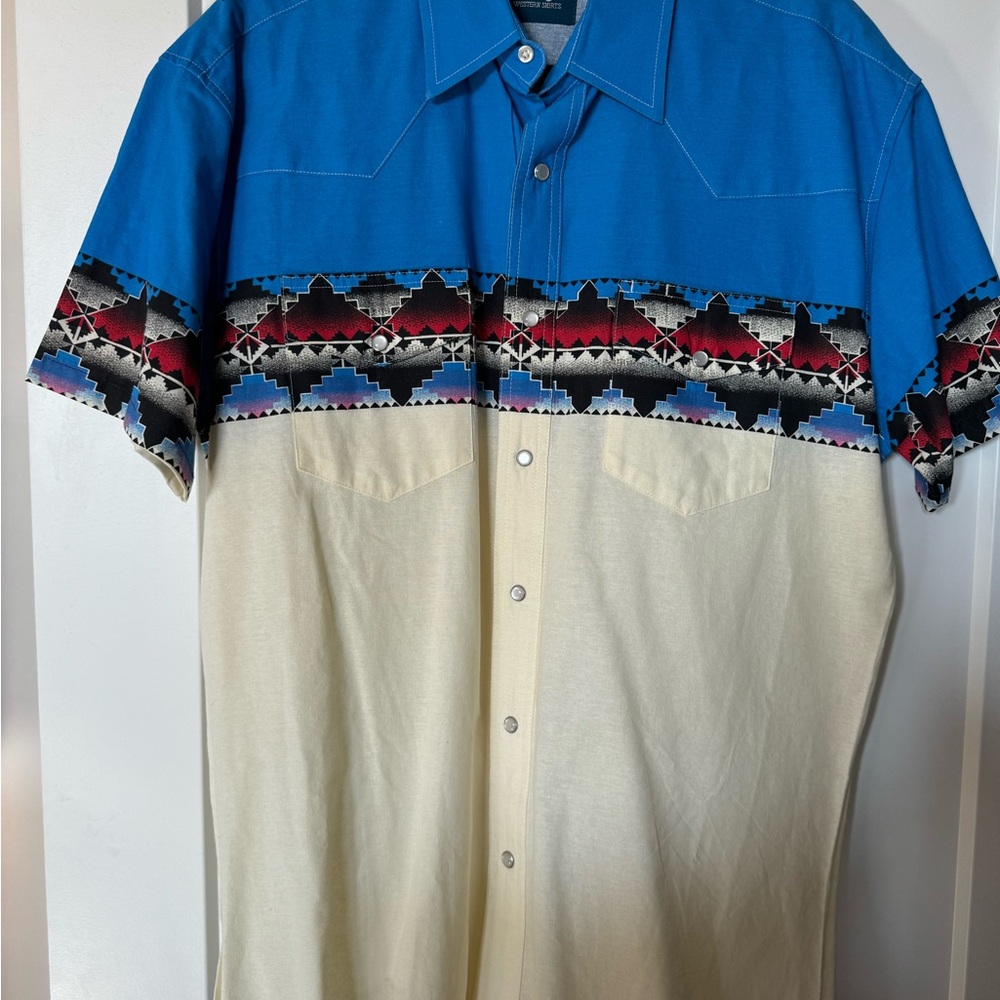 Men's Blue and Cream Western Shirt